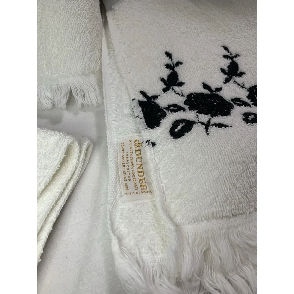 Vintage Dundee White Black Embroidered Towel Set 3 Pieces Bath Hand Wash USA